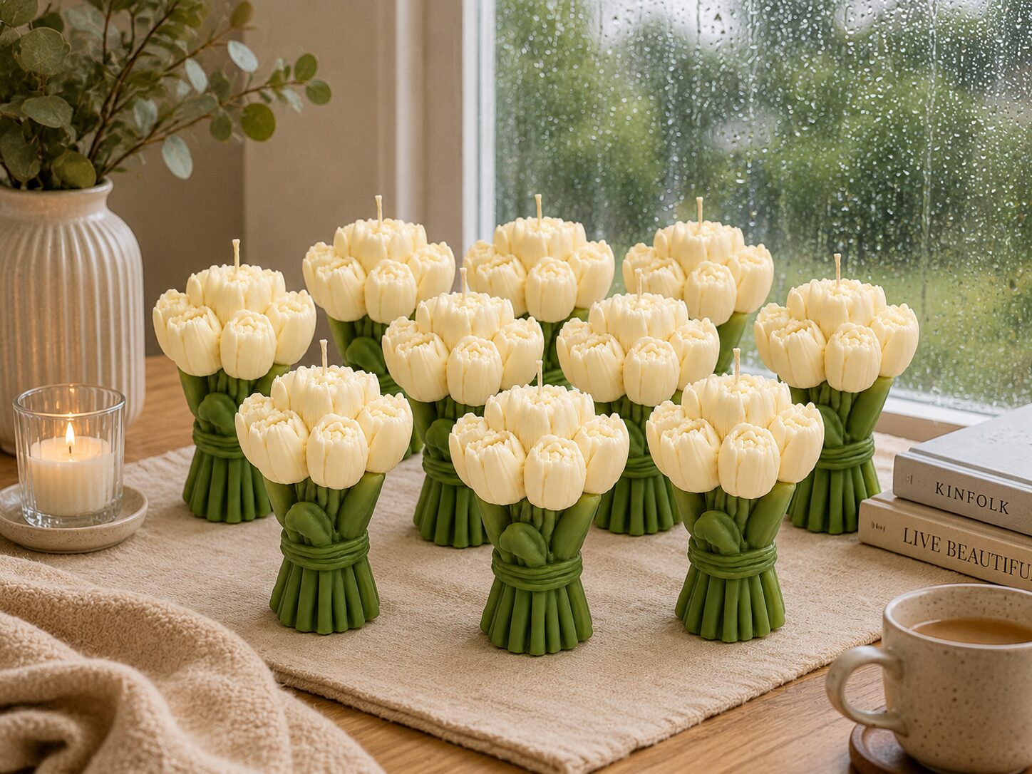 Handmade Tulip Bouquet Candle | 100% Soy Wax Floral Candle | Decorative Flower Candle Gift | Unscented, Lavender or Vanilla | White Tulip Bouquet Candle | Set of 4 or 10 3 10_Decorative_Background_Tulips
