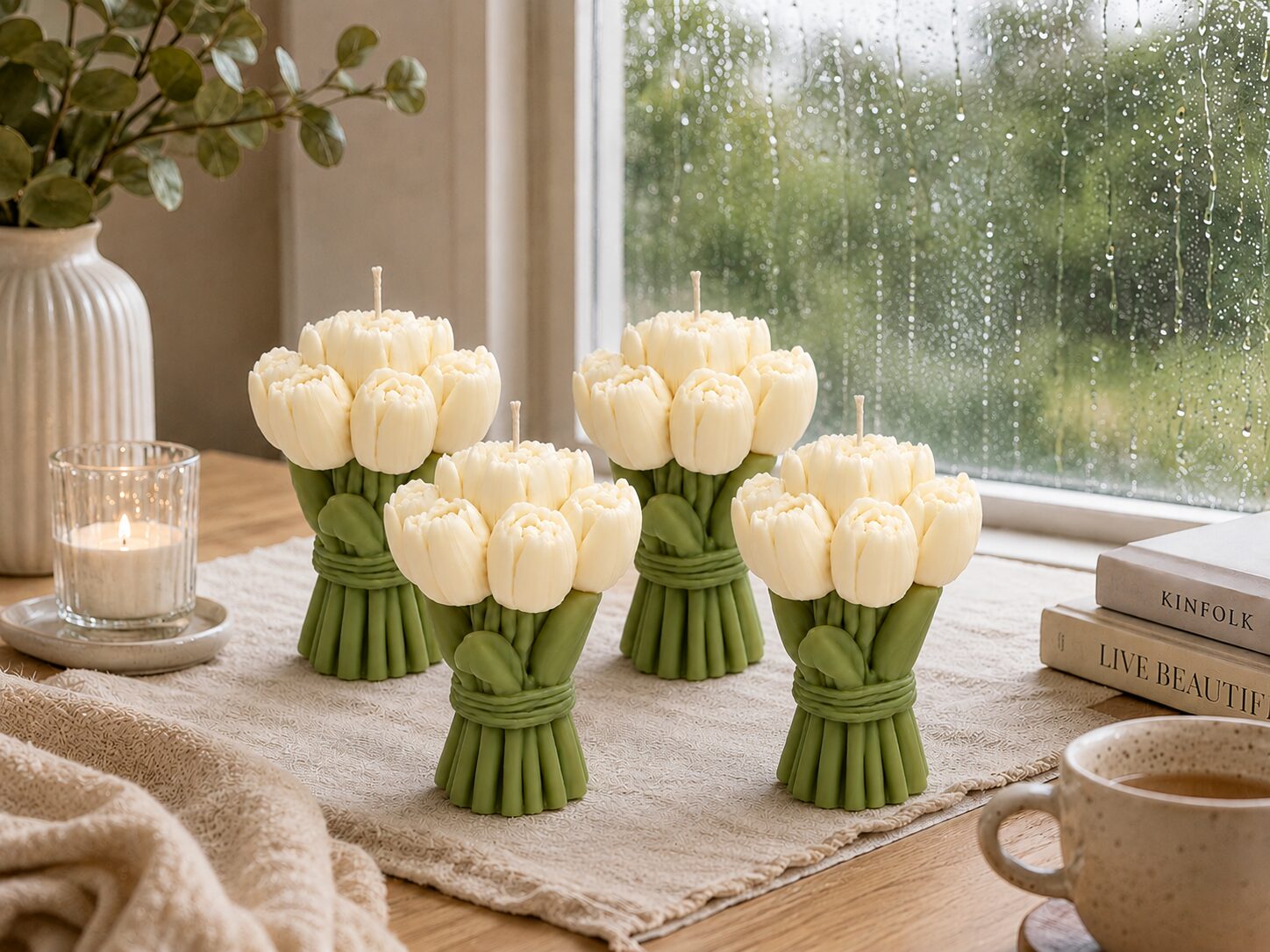 Handmade Tulip Bouquet Candle | 100% Soy Wax Floral Candle | Decorative Flower Candle Gift | Unscented, Lavender or Vanilla | White Tulip Bouquet Candle | Set of 4 or 10 4 Decorative_Background_Tulips