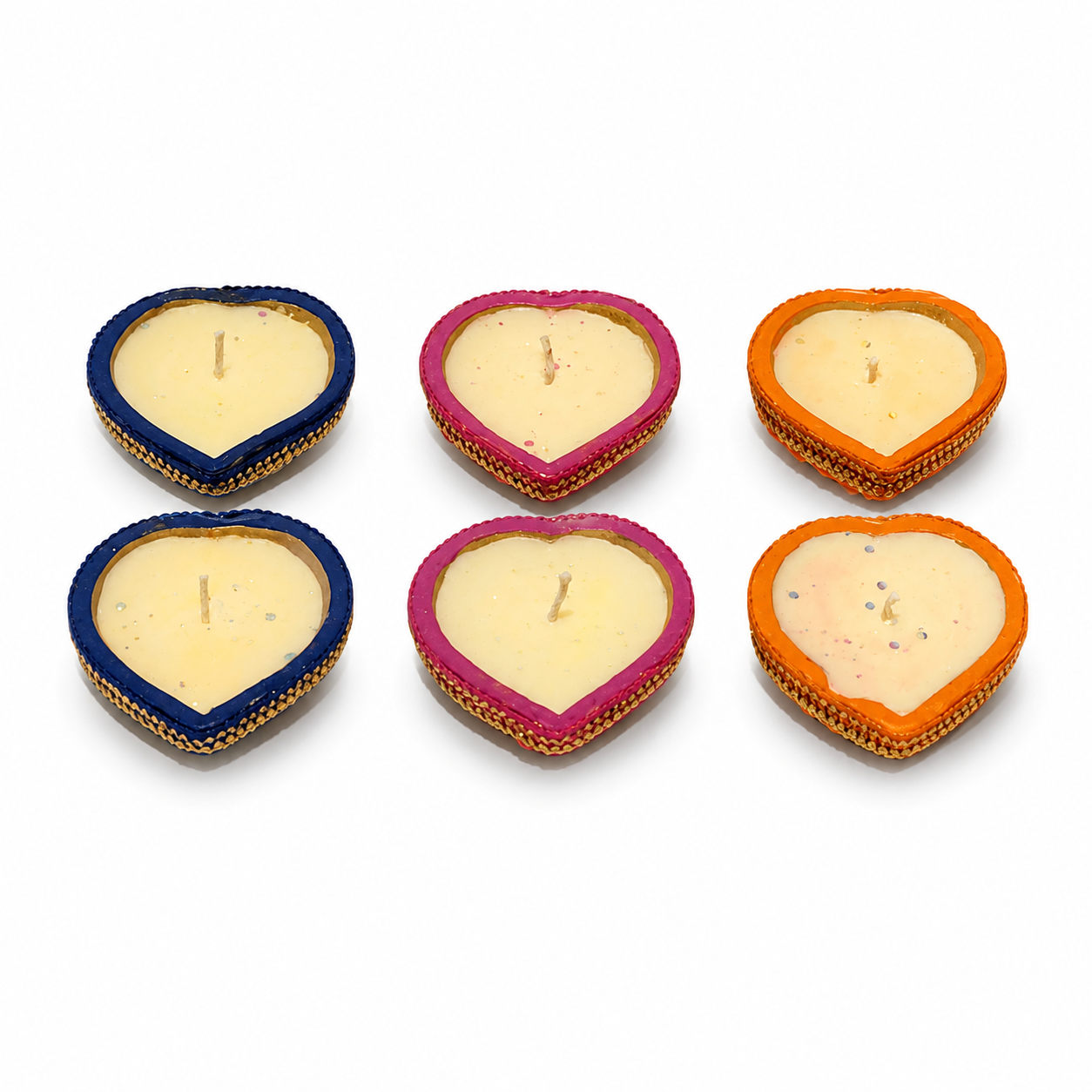 Indian Heart Diya Candles, Set of 6 - Glow in Dark Soy Wax Candles Diwali Puja Festival Decor 2 Indian Heart Diya Candles, Set of 6, in a decorative arrangement